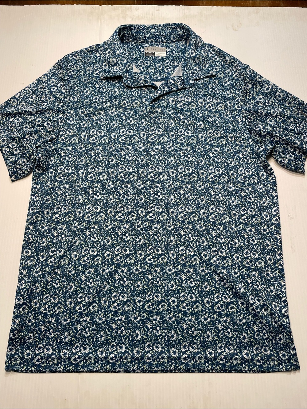 PGA TOUR Pro Series Blue Green Floral Golf Polo Shirt Short Sleeve Men Sz M